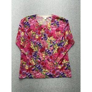 Garnet Hill Sweater Womens Small Pink Multi‎ Floral Merino Wool Button Cardigan